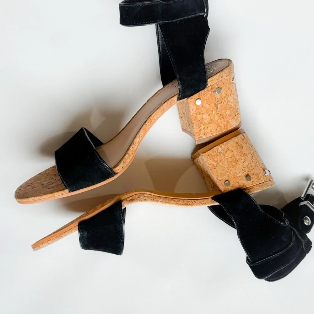 Black Cork Block Heel Sandals - Women's Stylish Ankle Strap